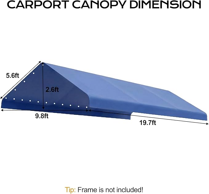 COWVIE 10 x 20 FT Carport Canopy Replacement Cover, with 46Pcs Long Ball Bungees, Waterproof Garage Top Tent Shelter Tarp, Only Top Cover