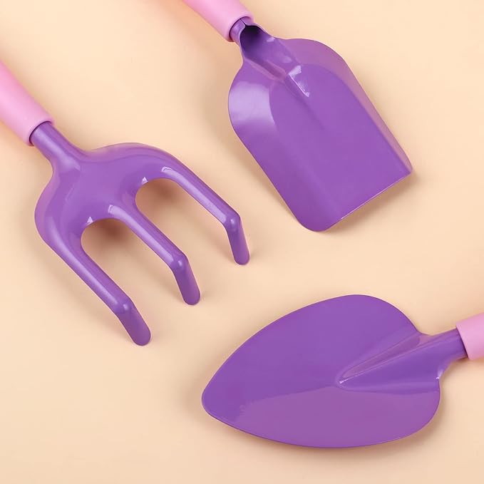 3 PCs Kids Gardening Set Trowel Rake Shovel Children's Garden Tools Pink Purple Kids Garden Tools Gardening Gifts for Kids Girls