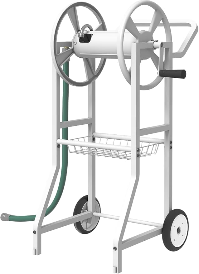 Artigarden Garden Hoses Reel Cart with Wheels, Outdoor Heavy Duty Powder Coated Steel Water Winder Storage Holds 125 ft 5/8" Hose with 3.9ft Leader Hose and Basket for Backyard, Yard, Lawn, White