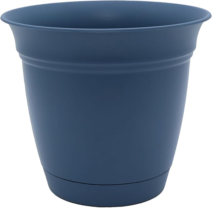 The HC Companies Eclipse Round Planter with Saucer - Outdoor & Indoor Plant Pot with Drainage Holes - Lightweight, UV-Resistant Plastic Pots for Plants, Flowers & Herbs (12" Slate Blue, Pack of 1)