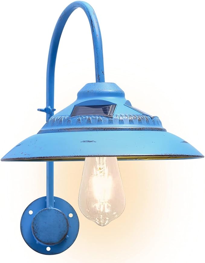 Goodeco Solar Barn Light Outdoor - Motion Sensor Rustic Vintage Gooseneck Wall Light Fixture with Clear Glass LED Edison Bulb, No Wiring, Ideal Gifts for Patio Porch Deck & More (Blue)