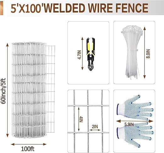 Tongmo 5 ft x 100 ft Galvanized Welded Chicken Wire Fence, 16GA Garden Chicken Wire Fence Roll, Mesh Size 2" x 4"Hardware Cloth, Ideal for Yard Protection and Poultry Netting