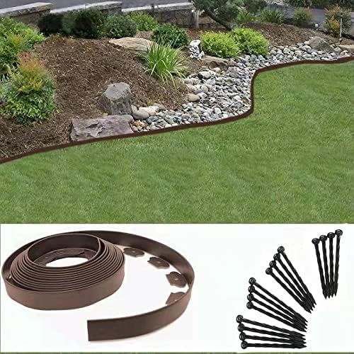 Garden Edging，20ft Landscape Edging with 20 Spikes for Lawn 2 Inch Tall (Brown, 20FT)