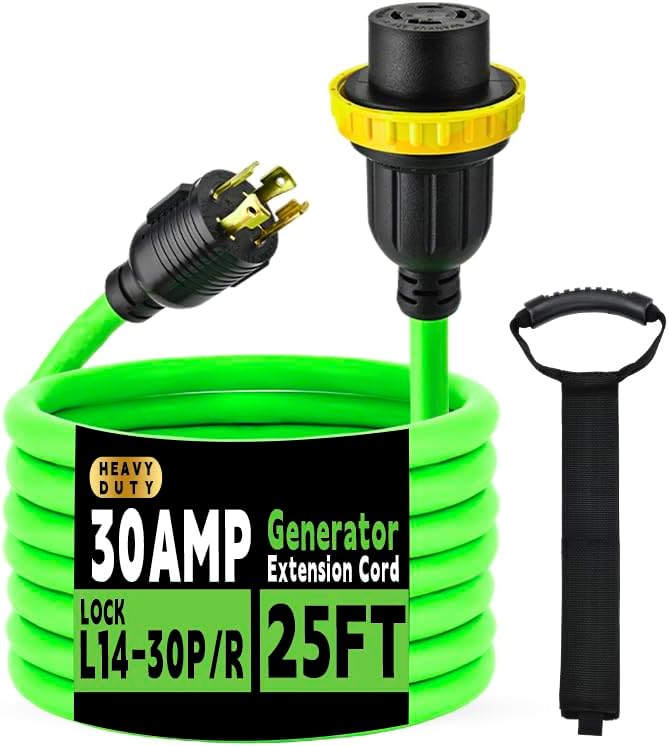 30 Amp Generator Extension Cord (25 Feet) 4-Prong 120/250 Volt 7500W, Lock L14-30P/L L14-30R, 10 Gauge SJTW Locking Power Cord for Manual Transfer Switch ETL