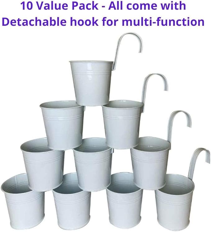 LaLaGreen Bundle - 6" x 10 Pack Black + 6" x 10 Pack White Large Metal Flower Pot Over Rail Balcony Railing Hanging Buckets for Plants Outdoor Fence Wall Herb Garden Succulent Outside Deck Patio Porch