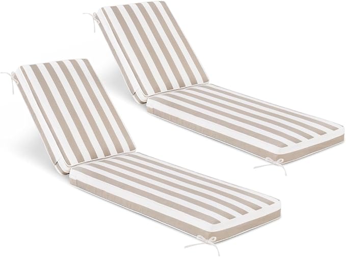Sundale Outdoor Olefin Chaise Lounge Cushion Set of 2, Water-Resistant Patio Lounge Chair Cushion, Thick Lounger Pad with 4 Straps Cabana Stripe Tan, 72 x 21 x 4 Inches
