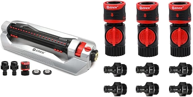 Eden 96216 Heavy Duty Metal 3-Way Oscillating Sprinkler and Eden 93218 Premium Garden Connect Quick Release Kit