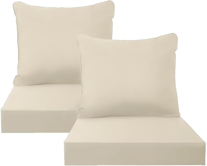 PatioGlow Outdoor Seat Cushion Set, 22" x 22" x 3.5", Set of 2, Water-Resistant & Fadeness Patio Furniture Cushions with Removable Cover & Ties, Thick Deep Seating Pads for Outside Sofa Couch, Khaki