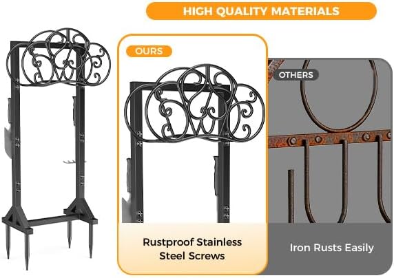 Garden Hose Holder Heavy-Duty Freestanding Water Hose Holder Holds 160Ft Hoses with 2 Tool Hooks, Rustproof Freestanding Hose Stand with 4 Spikes Hose Hanger Storage Rack for Outside, Yard, Lawn