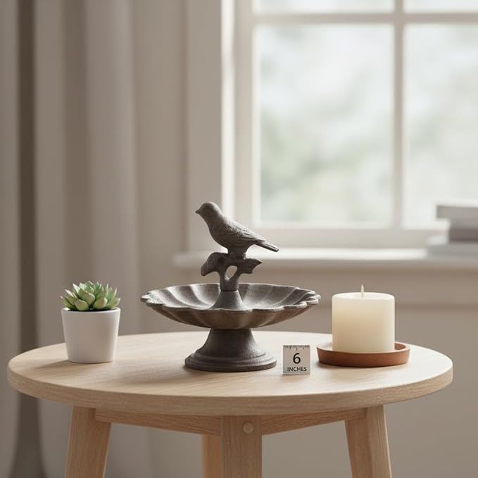 Comfy Hour 6" Mini Pedestal Bird Bath, Decorative Cast Iron Tabletop Bird Feeder for Garden Porch & Patio, Antique Style Metal Wild Bird Seed Dish, Outdoor Decor Accent, Bronze Finish, 1 Unit