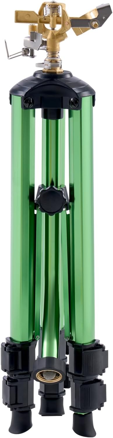 VEVOR Impact Sprinkler on Tripod Base, Heavy Duty Tripod Sprinklers with Brass Head & 3/4" Connector, 360 Degree Large Area Coverage Irrigation Sprinkler, Adjustable Heights, for Yard Green
