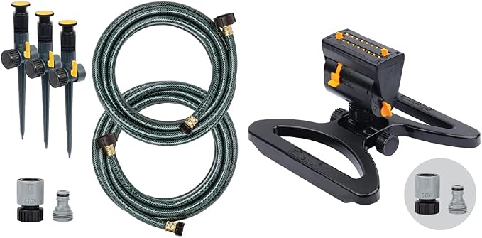 Melnor 65191AMZ Adjustable Spike Set Sprinkler Bundle, Green, Yellow & 65131AMZ Mini Oscillator Sprinkler Bundle, Black, Yellow