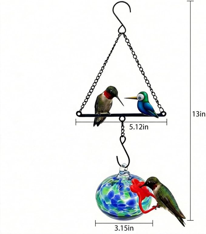 Headak Life Hummingbird Feeder for Outdoors Hanging,Metal Hummingbird Swing with Hand Blown Glass Hummingbird Feeder,Artistic Bird Perch & Garden Decor, Unique Gardening Gifts for Women(Dotted Blue)