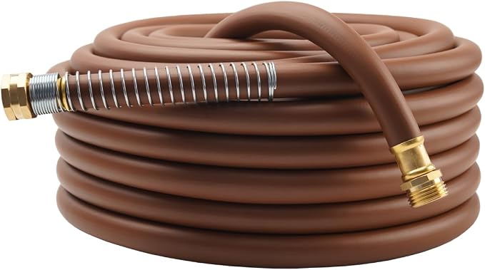 Guitrees Garden Hose 50FT x 5/8", Heavy Duty Rubber Hose, Water Hose with Five Layered Braiding, Male to Female Fittings, 1000PSI Burst, 300PSI Working (Brown)