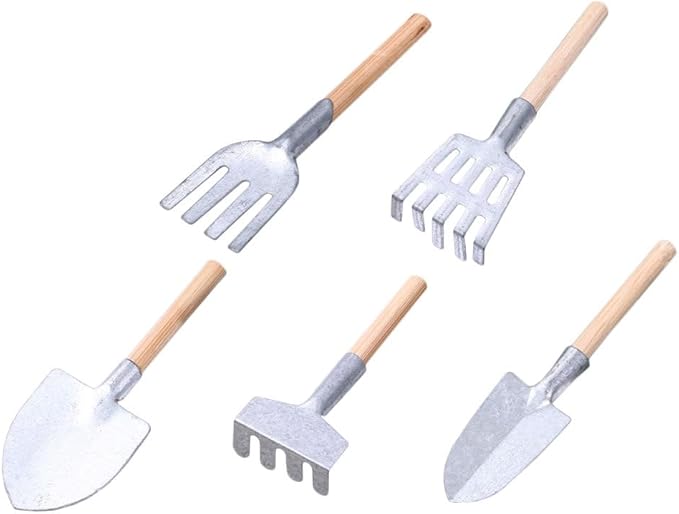 Complete Set of 5 Miniature Gardening Tools for Outdoor and Terrarium Plants – Mini Hand Shovels - Rake - Planting Shovel Iron Child Flowers – for Bonsai Tree Garden and
