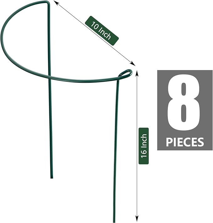 FEED GARDEN 8 Pack Peony Cages and Supports, Plant Support Stakes for Outdoor & Indoor Plants, 10" W x 16" H Half Round Garden Plant Support Rings for Peonies, Hydrangeas, Roses, Dahlias