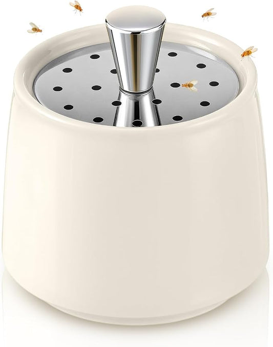 Ceramic Fruit Fly Trap for Indoors, Reusable Kitchen Fly Catcher with Stainless Steel Vent Lid, Uses Safe & Natural Vinegar Bait Trap, Dishwasher Safe, Easy to Use (White,1 Pack)