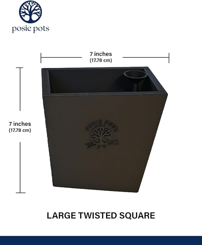 Posie Pot Large Twisted Square - Self Watering Planter 7x7 Inch - Indoor Plant Pot with 30 Day Reservoir - 3D Printed Bioplastic - No Guilt Plant Care - Made in USA, Black