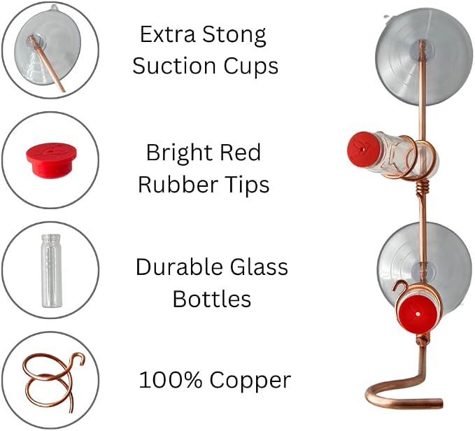 Window Hummingbird Feeder | Handcrafted Copper and Aluminum | Multiple Stations | Modern Hummingbird Feeder | Home Décor | Glass Bottles | Suction Cups (Copper, Two Station)