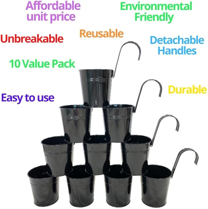 LaLaGreen Bundle- 1 Pack, 3-Tier Hanging Metal Planter + 10 Pack, 4 Inch Black Metal Pot Wall Mounted Modern Indoor Flower Herb Plant Holder Rail Deck Fence Balcony Outdoor Box Garden Home Patio Decor