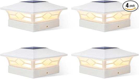 JOFIOS Solar Fence Post Lights 4pack, Cap Lights for 4x4/5x5 Vinyl Fence and 4x4/6x6 Wooden Post, Warm White/Cool White Lighting, White Solar Cap Outdoor Waterproof Decorate Garden Pathway Dcek Patio