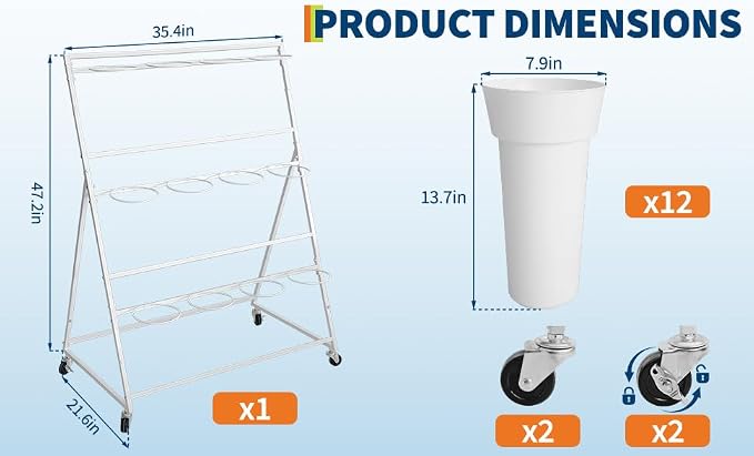 PeakPursuit 3-Tier Metal Flower Display Stand with 12 Plastic Removable Buckets and Wheels,Flower Display Cart for Indoor and Outdoor Use, White