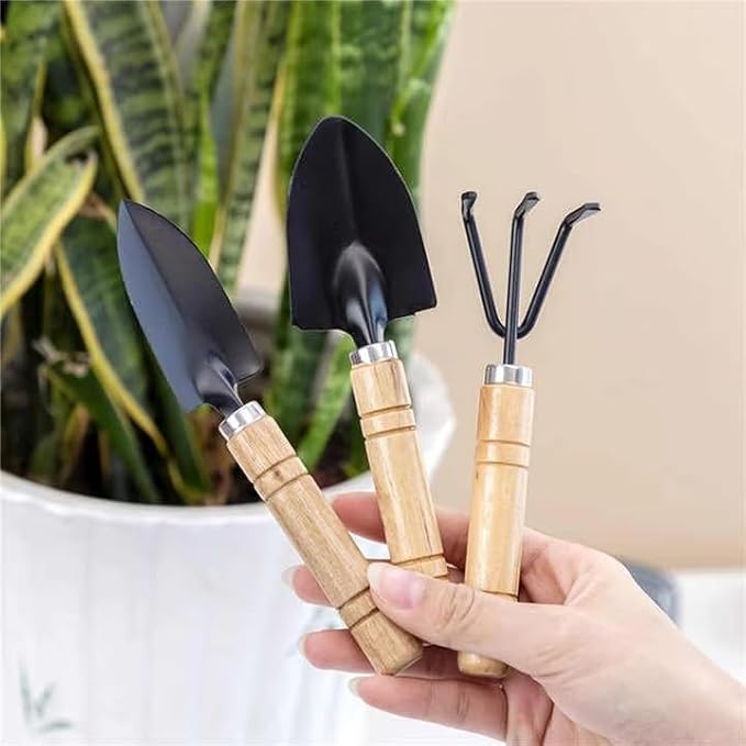3 Pcs Mini Gardening Tool Set, Shovel, Spade, Rake Kit with Ergonomic Wooden Handles, Ideal for Planting, Weeding and Cultivating, Gardening Plant Tool for Cactus Herbs Indoor Miniature Plants (1 Set)