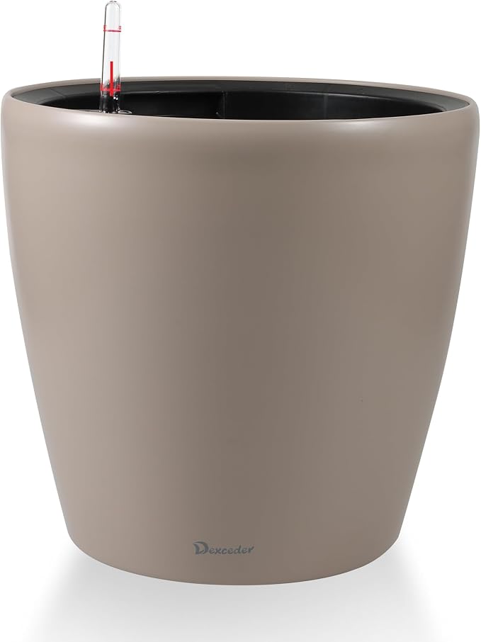 Dexceder 15x14 Self Watering Planter with Wheels (Taupe Matte) | Inner Pot Design, Thickened Large Floor Standing Flower Plant Pot with Water Level Indicator Indoor Outdoor