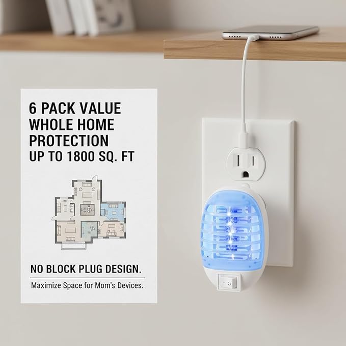 2026 6Pack Bug Zapper Indoor Plug in Mosquito Zapper Indoor,Baby Secure Mosquito Killer for Nursery&Bedroom,Fruit Fly Zapper Insect Killer with 365nm Blue Light,Plug in Gnat Killer for Kitchen&Plant