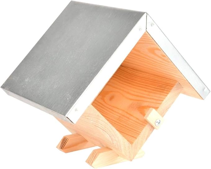 Esschert Design FB460 House-Shaped Wood Bird Feeder, Feeds One Jar of Peanut Butter, Galvanized Metal Roof