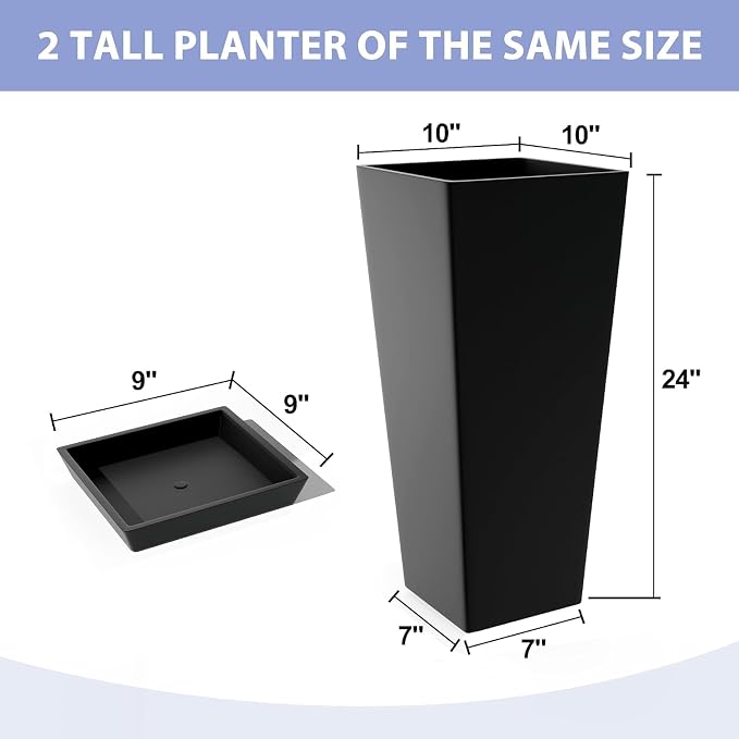 24in Tall Planters Set of 2 with Saucers, Black Classic | Built-in drainage system, Durable composite plastic, Fade-resistant design, Weather Resistant, Patio & porch decor