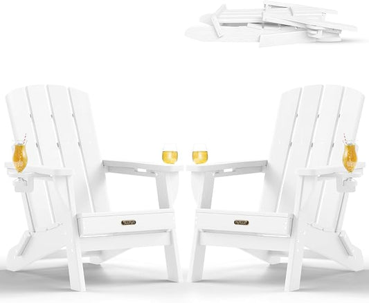 Folding Adirondack Chair Set of 2, HDPE Adirondack Chairs with 2 Cup Holder, Plastic All-Weather Fire Pit Chairs, Outdoor Lawn Chair for Patio Garden (White)