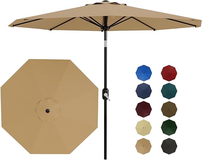 Garvee 10 ft Patio Umbrella - 8 Sturdy Ribs Outdoor Table Umbrella with Crank Lift & Push Button Tilt - Market Umbrella for Pool, Deck, Yard, Garden - Tan