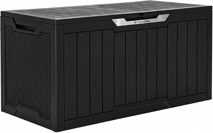 YITAHOME 100 Gallon Large Outdoor Storage Box, Water Resistant Resin Deck Box w/Silver Decorative PVC Trim Pane, Lockable Rattan Storage Container for Patio, Garden, Cushions, Tools(Black & Silver)