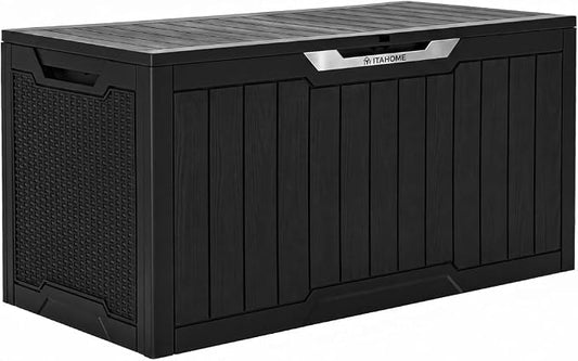 YITAHOME 100 Gallon Large Outdoor Storage Box, Water Resistant Resin Deck Box w/Silver Decorative PVC Trim Pane, Lockable Rattan Storage Container for Patio, Garden, Cushions, Tools(Black & Silver)