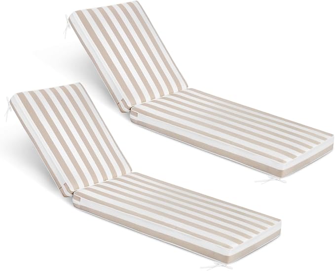 Sundale Outdoor Olefin Chaise Lounge Cushion Set of 2, Water-Resistant Patio Lounge Chair Cushion, Thick Lounger Pad with 4 Straps Cabana Stripe Tan, 80 x 26 x 4 Inches