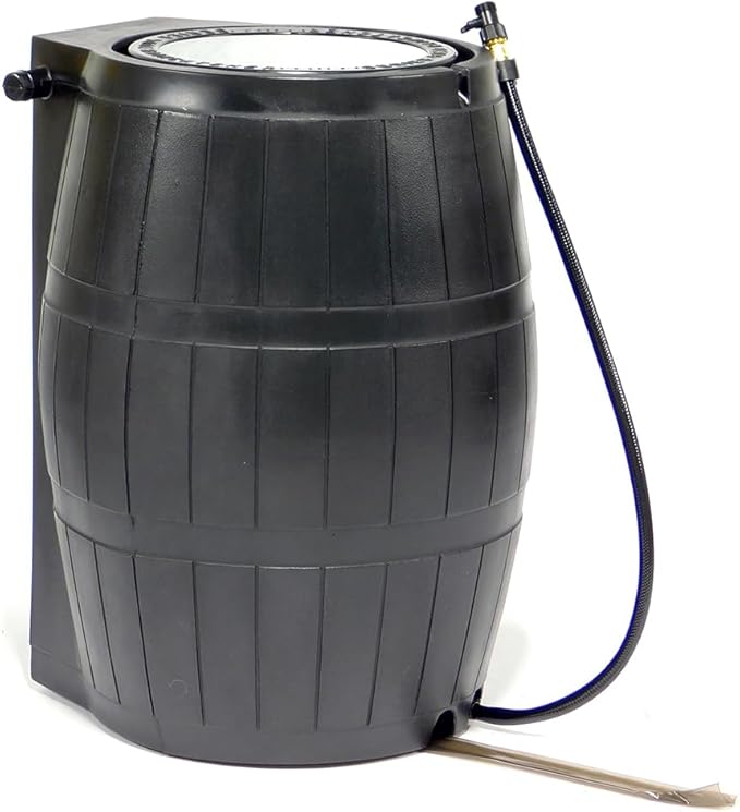 FCMP Outdoor Rain Barrel, Flat-Back Rainwater Catcher with Spigots, 50 Gallon, Black - Portable Water Storage Container Tank for Home, Garden, and Backyard