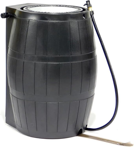 FCMP Outdoor Rain Barrel, Flat-Back Rainwater Catcher with Spigots, 50 Gallon, Black - Portable Water Storage Container Tank for Home, Garden, and Backyard