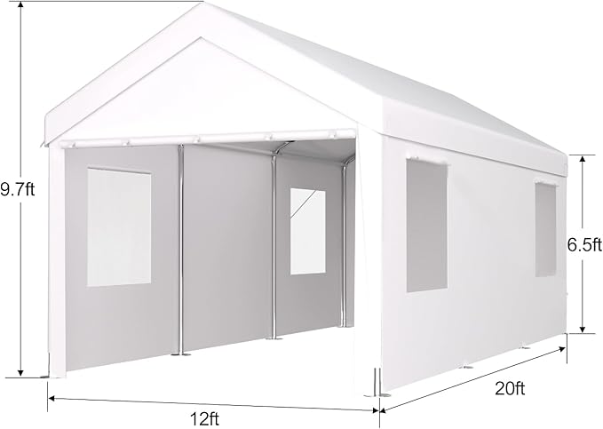 12x20FT Canopy, Outdoor Portable Garage with 2 Roll-Up Doors & 4 Ventilated Windows, Patio Camping Heavy Duty Car Port Canopy with PE Cover, Ground Pegs & Steel Cables, Easy Assembly, White