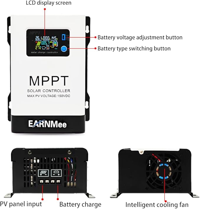 60A MPPT Solar Charge Controller, 18-150VDC PV Input, 12V/24V/48V Adjustable Output(Manual), Ideal for RV, Large Solar Systems, Compatible with Mono/Poly Panels & Lead-Acid/Lithium Batteries