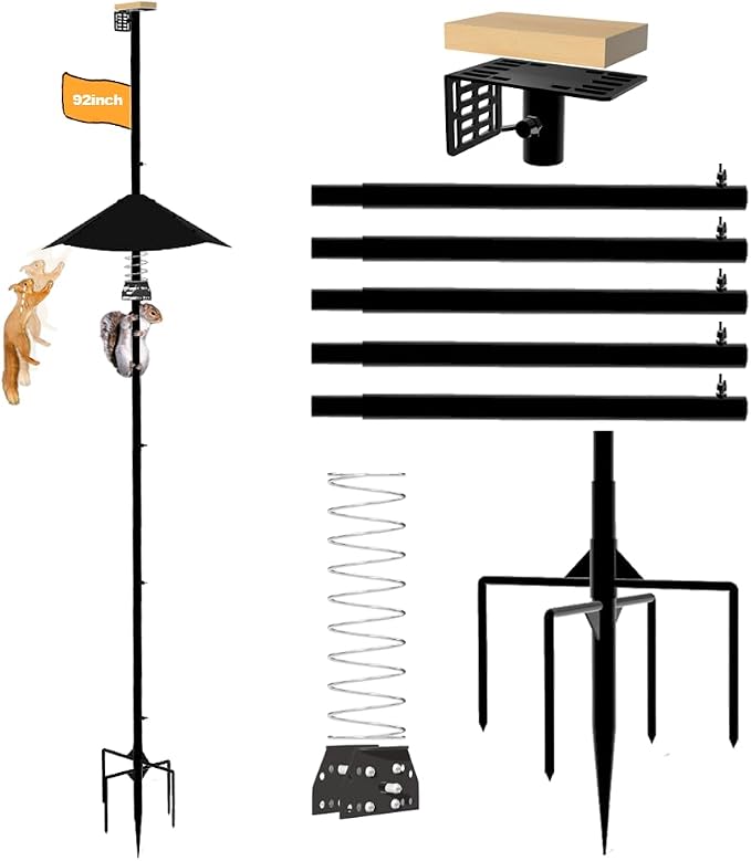 Smart Bird Feeder Pole with Metal Squirrel Baffle,92Inches Bird House Poles for Outdoors,1-Inch Dia Heavy-Duty Pole for Bird Feeder,Squirrel Proof Baffle with Stainless Steel Spring for Defense.