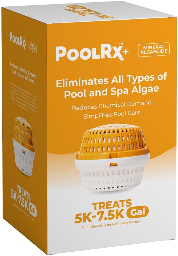 PoolRx+ Mineral Algaecide Unit, up to 6-Month Algae Control, for 5K-7.5K gallons, Orange & White, New Formula with Silver.