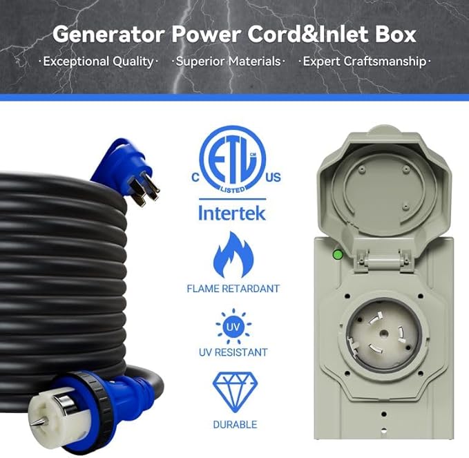 50AMP 15Feet Generator Cord with Pre-drilled Power Inlet Box, 4 Prong 125V/250V NEMA 14-50P Male to SS2-50R, STW 6/3+8/1 AWG Twist Locking with Inlet Box for Generator to House, UL&ETL Listed