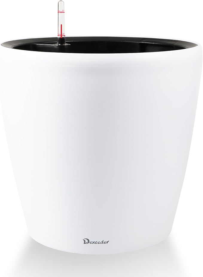 Dexceder 13x12 Self Watering Planter with Wheels (White Matte) | Inner Pot Design, Thickened Large Floor Standing Flower Plant Pot with Water Level Indicator Indoor Outdoor