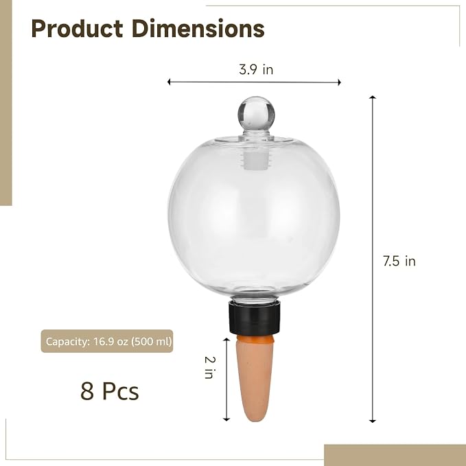 8 PCS Large Plant Self-Watering Globes, 16.9 oz Slow Release Watering Bulb with Ceramic Spike Stake, Top Fill Plastic Water Orbs, Automatic Irrigation Insert for Home Garden Office