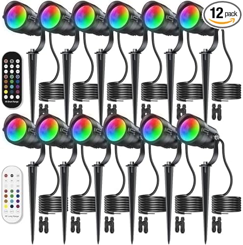 HIBOITEC RGBWW Low Voltage Landscape Lights 12-Pack, ETL Listed IP65 Outdoor LED Spotlights with Timer & Dual Remote, 12-24V Color Changing Uplighting for Yard Trees(Transformers NOT Included)
