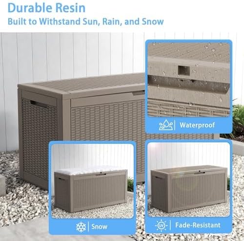 100 Gallon Deck Box, Waterproof Resin Outdoor Storage Box with Lockable Lid, Patio Storage Box with Fade Resistant for Patio Furniture Cushions, Pool Accessories, Garden Tools, Light Coffee