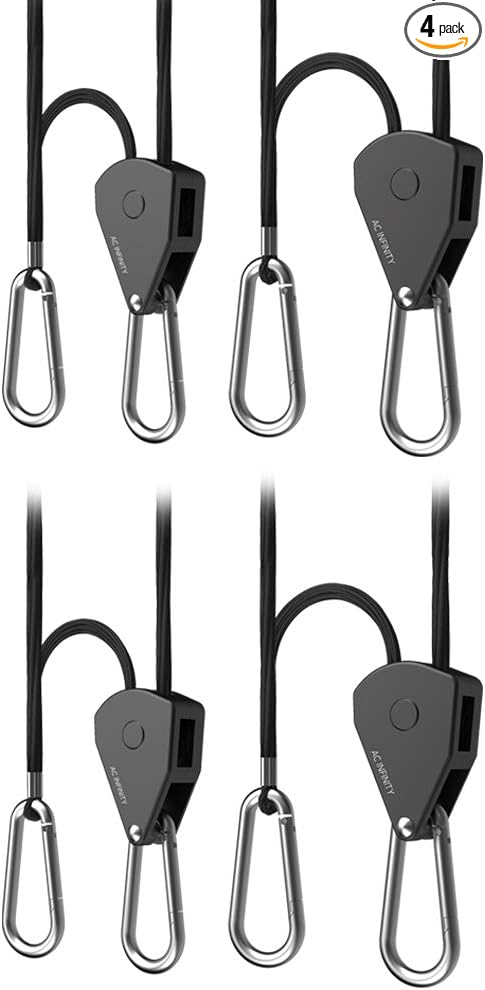 AC Infinity, Adjustable 1/8” Rope Hanger, Heavy-Duty Stainless Steel Gears Ratchets, 150 lbs Weight Capacity, 2 Pairs