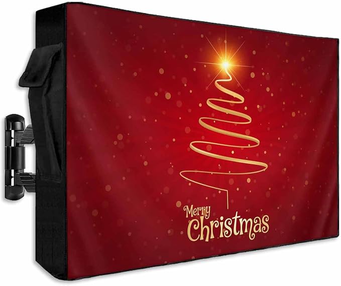 Outdoor TV Cover for Outside Flat Screen,Gold Stripe Merry Christmas Text,600D Thick Waterproof Weatherproof Outdoor TV Screen Protector with Zipper for 30 to 32 Inch Flat Screens