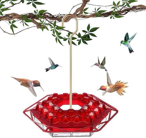 Hummingbird Feeders for Outdoors Hanging, 30 Feeding Ports,Bee-Proof and Leak-Proof - Easy to Clean and Refill, attracts Hummingbirds, Plastic with ant Fence and Hook (Golden)